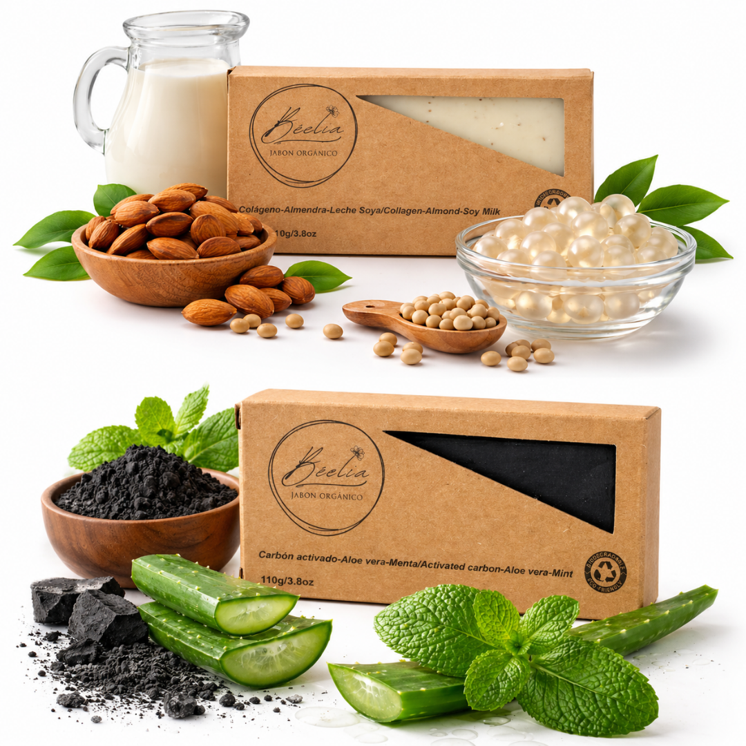 Kit 4 jabones organicos colágeno-almendra y carbón-sábila